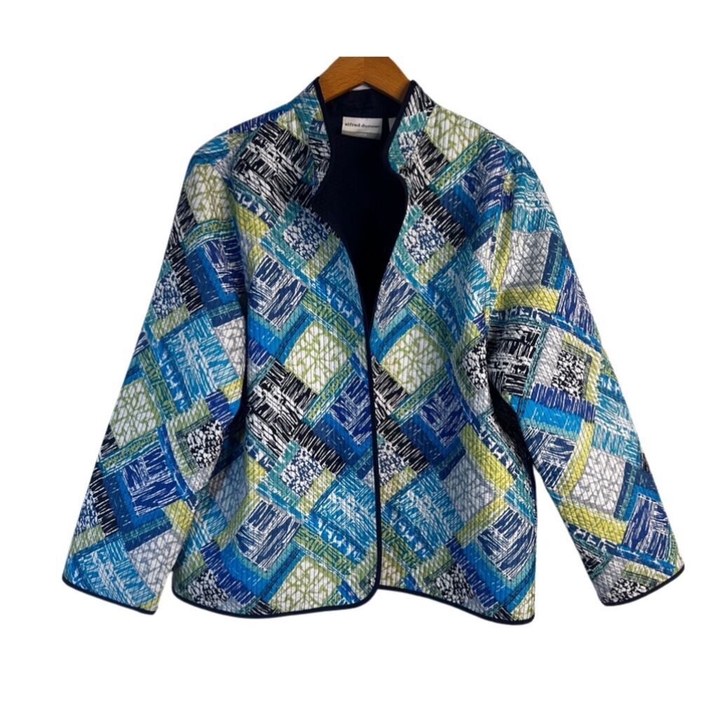 Alfred Dunner Petite‎ Blue Patchwork Quilted Open Front Jacket Blazer Size 16P